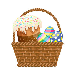 Fototapeta na wymiar Wicker basket with Easter cakes and Easter eggs. Colorful easter illustration, greeting card, vector