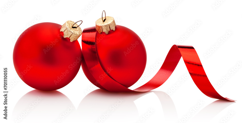 Poster two red christmas baubles and curling paper isolated on white background