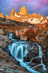 Sunrise of the hidden waterfall in the foreground and Fitz Roy mountain in the background, location near El Chalten in Argentina Patagonia