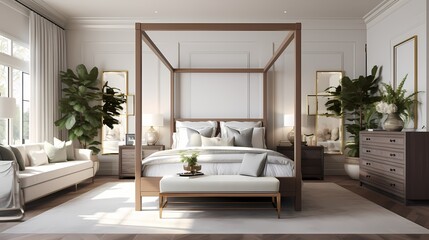 Timeless bedroom featuring a canopy bed, rich wood accents, and subtle pops of gold