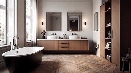 Fototapeta na wymiar Timeless mid-century bathroom design in a Copenhagen residence, blending classic and modern elements seamlessly