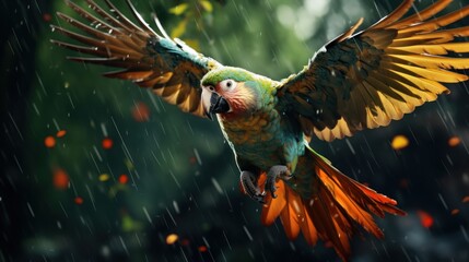 Beautiful macaw parrot flying in the rain on rainy day