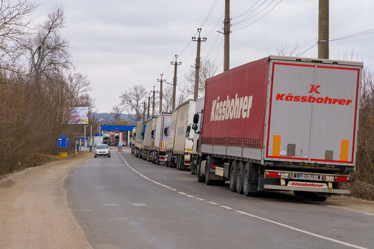 March 1, 2022 Sculeni Moldova. Illustrative editorial. Trucks at customs