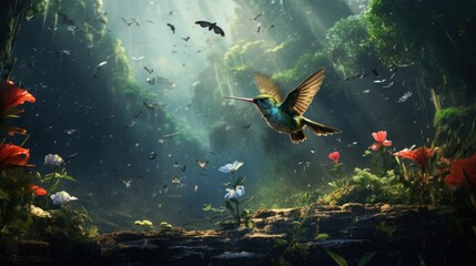 Hummingbird in the rainforest - obrazy, fototapety, plakaty