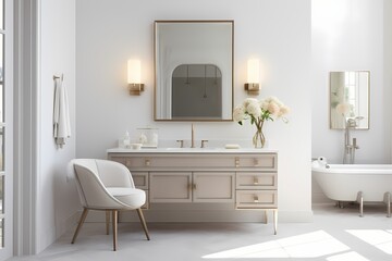 Fototapeta na wymiar Timelessly chic modern classic minimalist bathroom with a vanity mirror, elegant sink, and neutral color scheme