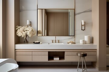Timelessly chic modern classic minimalist bathroom with a vanity mirror, elegant sink, and neutral color scheme