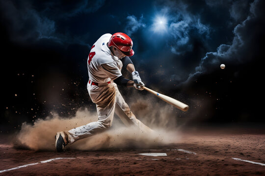 Baseball player hitting a baseball, baseball field, baseball, sports