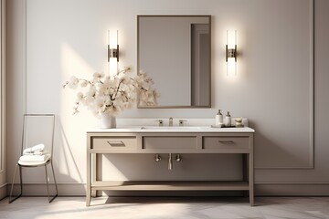 Fototapeta na wymiar Timelessly chic modern classic minimalist bathroom with a vanity mirror, elegant sink, and neutral color scheme