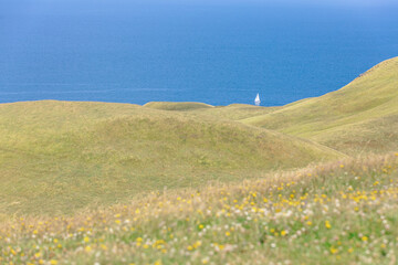 vue sur un bateau à voile blanc sur l'eau vue du sommet d'une colline recouverte de gazon en été