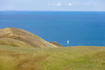 vue sur un bateau à voile blanc sur l'eau vue du sommet d'une colline recouverte de gazon vert en été