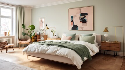 Timelessly designed bedroom in a Copenhagen apartment, featuring classic mid-century furnishings and a soothing color palette
