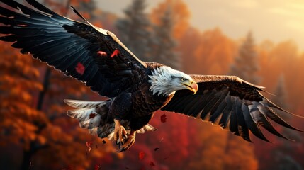 Fototapeta premium Bald Eagle flying in the autumn forest