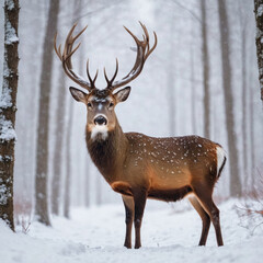 Naklejka na ściany i meble Noble deer male in winter snow forest.
