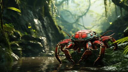 Red crab on a rock in the rainforest - obrazy, fototapety, plakaty
