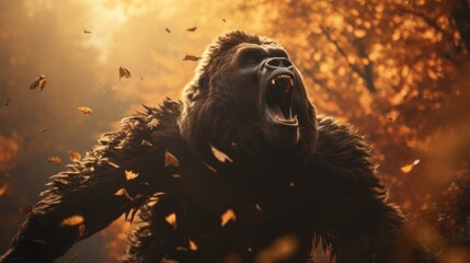 Screaming gorilla in the autumn forest. Close-up.