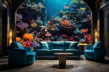 A luxury living room featuring a 3D intricate colorful underwater seascape wall mural, with aqua...