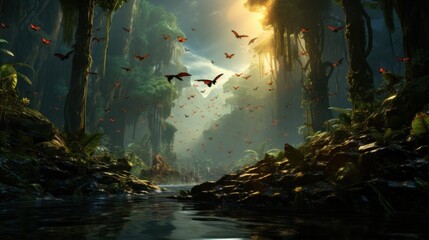 Fantasy landscape with a fantasy forest and a river - obrazy, fototapety, plakaty
