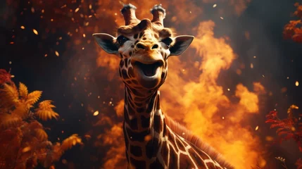 Poster Im Rahmen Giraffe in the forest with a fire © Ashfaq
