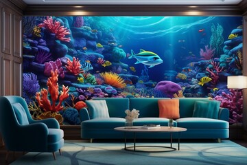 A luxury living room featuring a 3D intricate colorful underwater seascape wall mural, with aqua...
