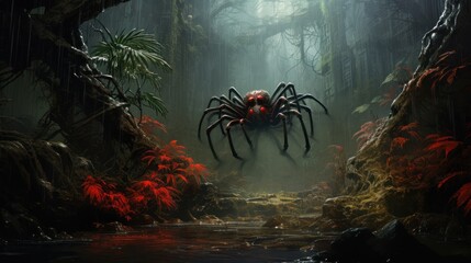 Spider in the dark forest - obrazy, fototapety, plakaty