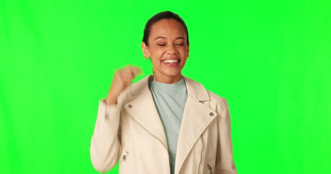 Green screen, happiness and woman advertising, pointing up and gesture at mockup space, sales promotion or commercial. Discount information, chroma key portrait and brand person on studio background
