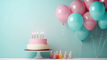 Schilderijen op glas minimal happy birthday cake and balloons with copy space, Candle, pink and blue, colorfull, pastel colors, Valentine, Surprise, wall backdrop © Orod