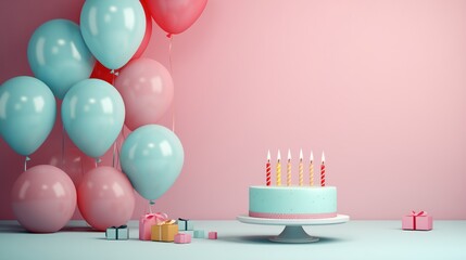 minimal happy birthday cake and balloons with copy space, Candle, pink and blue, colorfull, pastel...