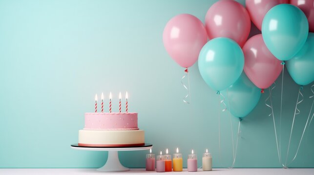 minimal happy birthday cake and balloons with copy space, Candle, pink and blue, colorfull, pastel colors, Valentine, Surprise, wall backdrop