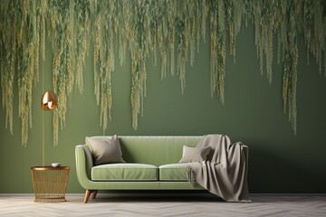 A 3D intricate color image of a majestic weeping willow tree pattern, its flowing leaves creating a serene ambiance over a muted green wall, accented by a contemporary beige sofa