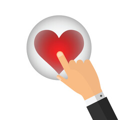 Human hand touching a red heart button