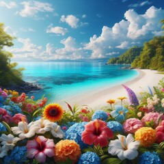 Fototapeta na wymiar beach with tropical flowers