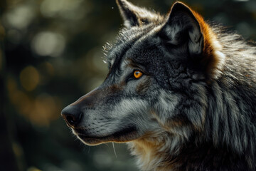 Fototapeta premium Cinematic close up shot of a wolf made with generative AI technology