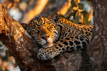Jaguar sleeping in a tree made with generative AI technology