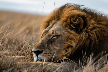 Lion Sleeping in the grass made with generative AI technology