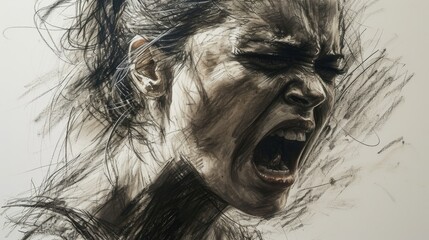 a angry woman with long hair, wearing dark sunglasses, charcoal drawing 