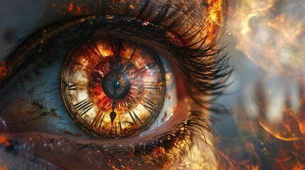 A clock shaped galaxy cloud looking at the camera, red fire wormhole inside the eye time running out
