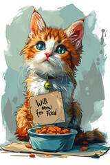 cartoon of a orange and white calico cat holding a sign "Will Meow for Food", next to a full food bow