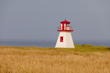 vue sur un phare blanc et rouge en été au bod de la mer avec du gazon vert  © Veronique