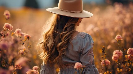 A beautiful girl with wavy hair in a hat in a lace dress walks through a flower field. Back view.