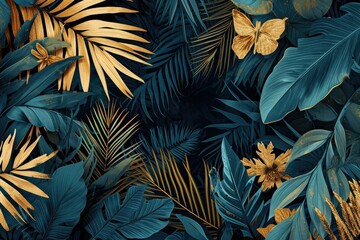Gold and teal palm leaves digital pattern wallpaper - obrazy, fototapety, plakaty