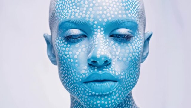 Portrait of woman’s face painted blue with white dots
