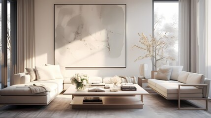 Tranquil living room with a muted color palette, low-profile furniture, and abstract wall art - obrazy, fototapety, plakaty