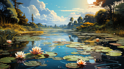 Serenity Unveiled: Captivating Natural Vistas with Water Reflections and Majestic Landscapes under the Everchanging Sky, generative AI