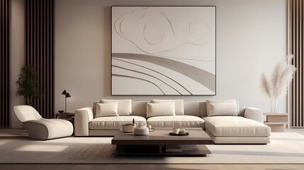 Tranquil living room with a neutral color scheme, modular furniture, and abstract wall art