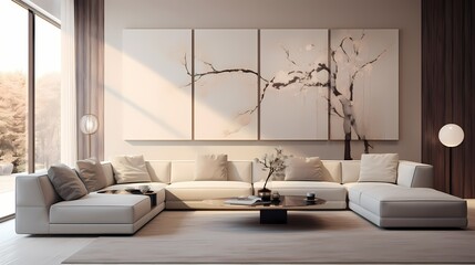 Tranquil living room with a neutral color scheme, modular furniture, and abstract wall art