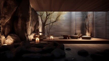 Tranquil meditation space with natural elements, earthy tones, and soft, indirect lighting