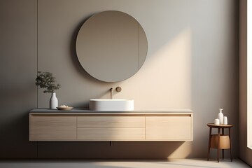 A modern classic minimalist washroom with a floating vanity, a round mirror, and a sleek faucet, creating a visually pleasing and harmonious space.