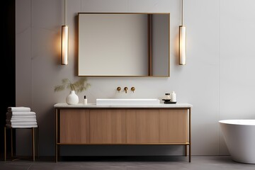 A modern classic minimalist washroom featuring a freestanding sink, a frameless mirror, and a minimalist sconce, exuding elegance and simplicity.