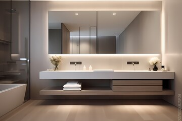 A modern classic minimalist washroom with a floating vanity, a sleek mirror, and recessed lighting, creating a serene and uncluttered environment.