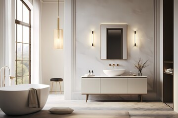 Fototapeta na wymiar A modern classic minimalist washroom featuring a marble-clad vanity, a large mirror, and a minimalist pendant light, evoking a sense of luxury and refinement.